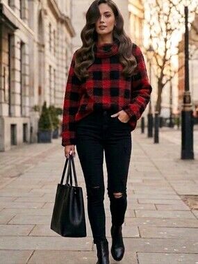Style & Co. Red and Black Plaid Cowl Neck Sweater